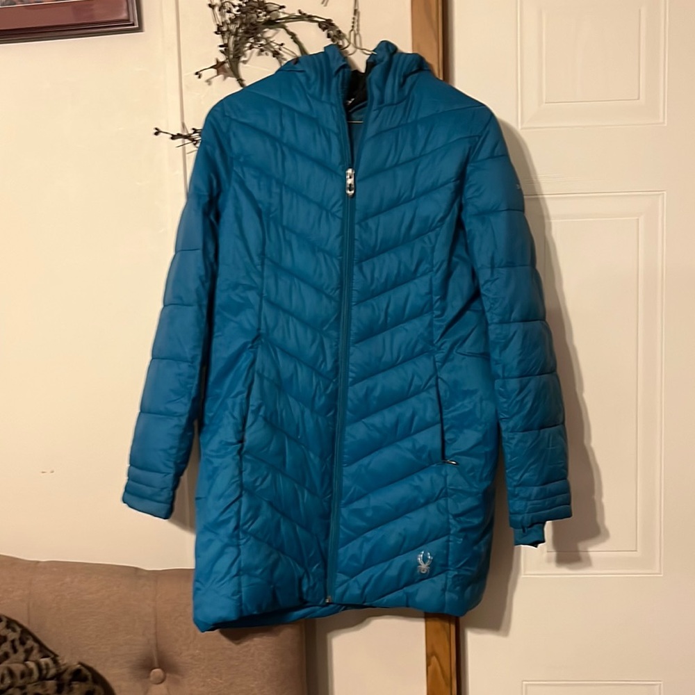 Spyder xl kids coat aqua colored polyester fill nylon with hood and side pockets